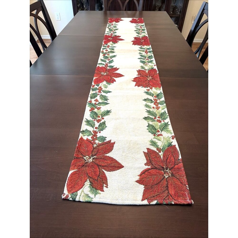 Christmas Poinsettia Table Runner 70x13" Metallic Threads Colorful Holiday Decor